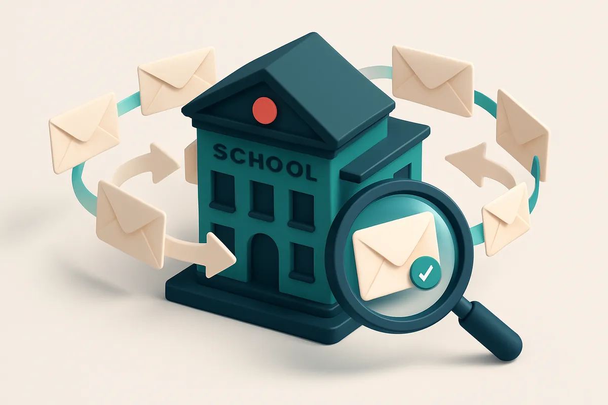 Hero: an isometric school building with digital envelopes flowing in and out, a magnifying glass inspecting each envelop