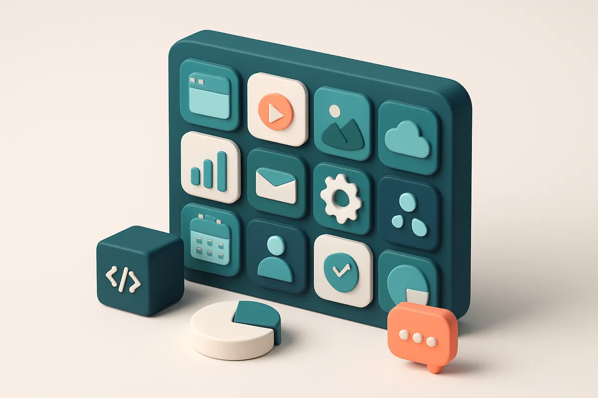 Hero: an isometric digital dashboard displaying various icons representing software, digital media, and services, organi