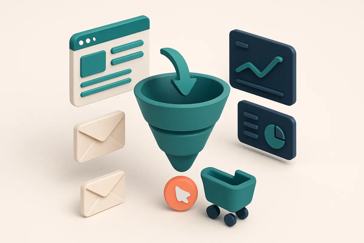 Hero: an isometric illustration of a digital sales funnel with arrows guiding users from a webpage into a purchase icon,