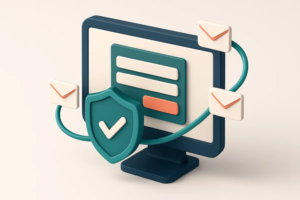 Hero: An isometric illustration of a computer monitor displaying a secure contact form being protected by a shield, with