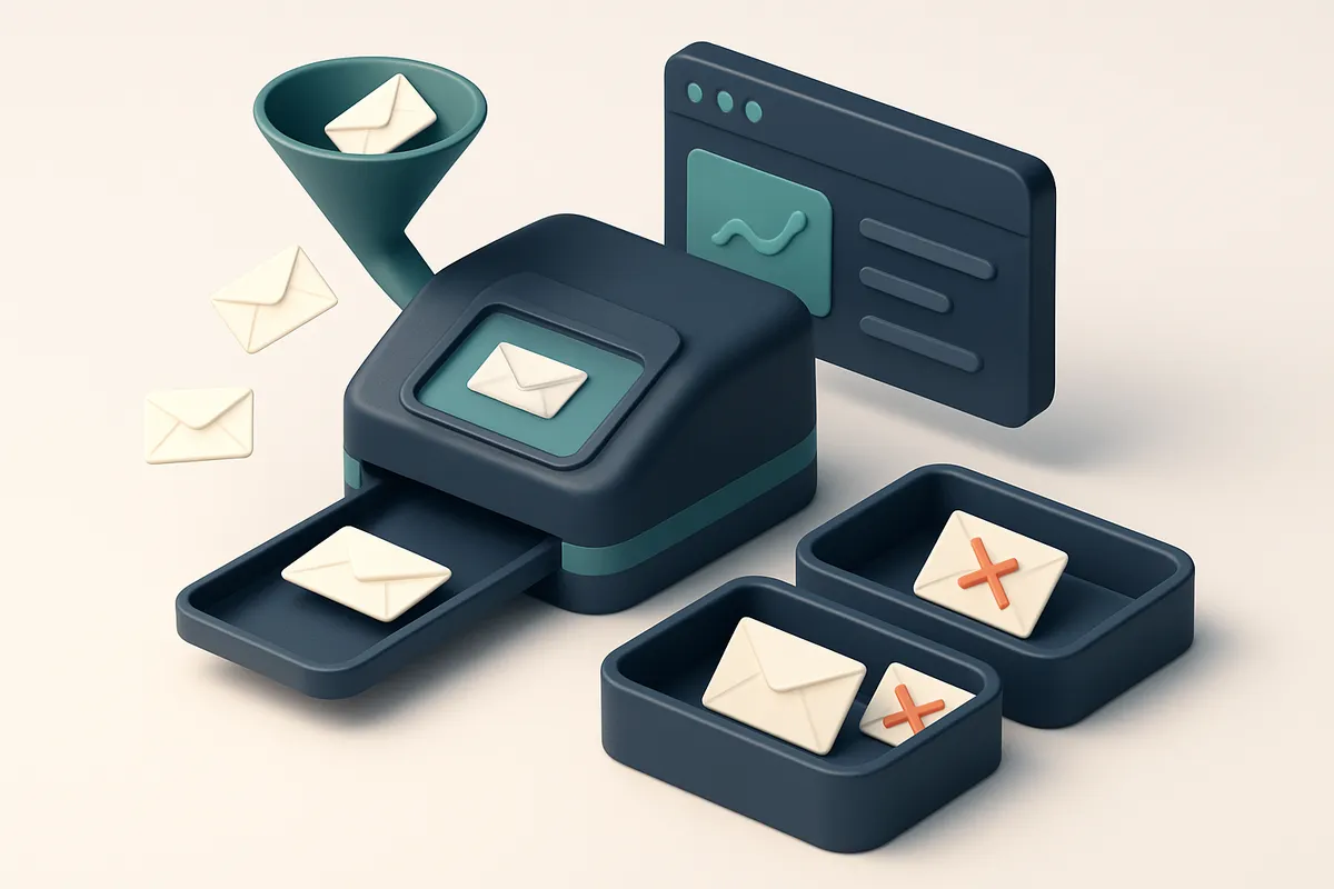 Hero: An isometric view of a digital dashboard with a funnel guiding emails through a large scanning device splitting on