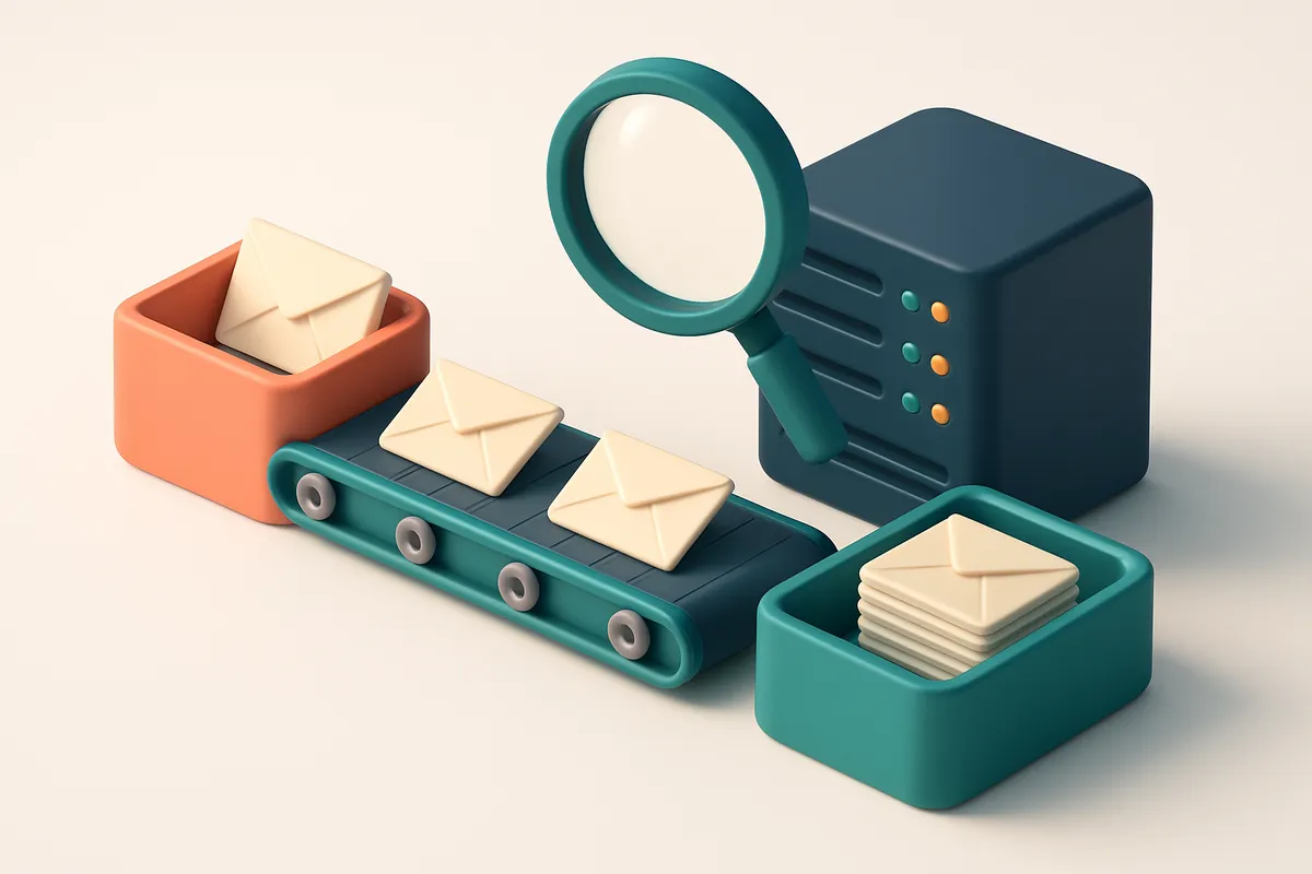 An isometric desk with a conveyor belt moving envelopes from a red 'discard' zone to a green 'valid' tray, a server with