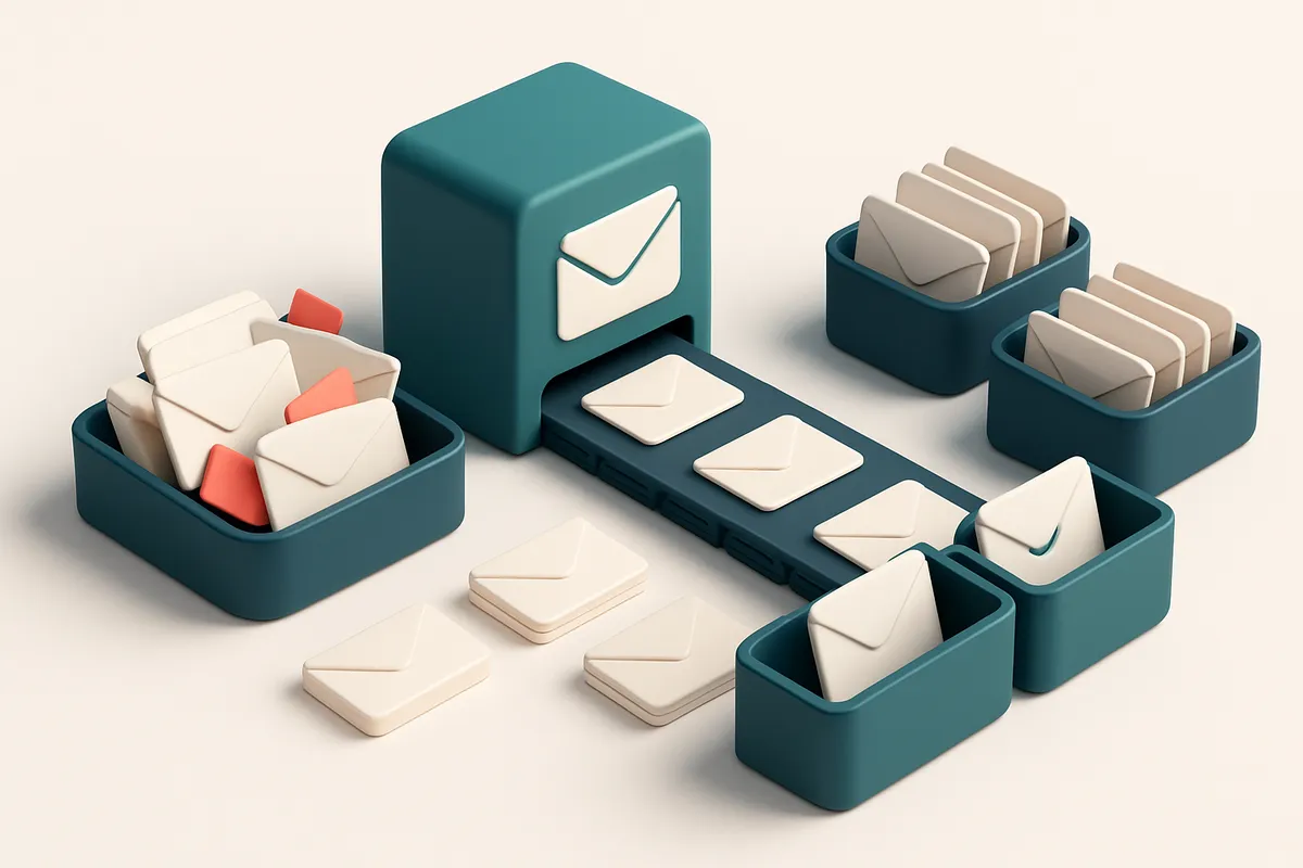 an isometric email inbox with a conveyor belt feeding envelopes from a cluttered list tray, where some envelopes are tag