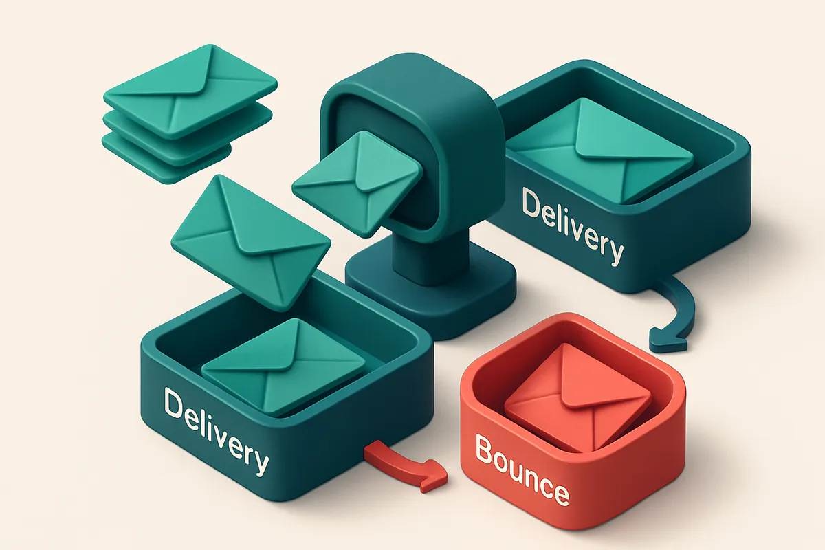 an isometric inbox with green envelopes labeled 'Valid' flowing into a 'Delivery' tray and red envelopes labeled 'Invali