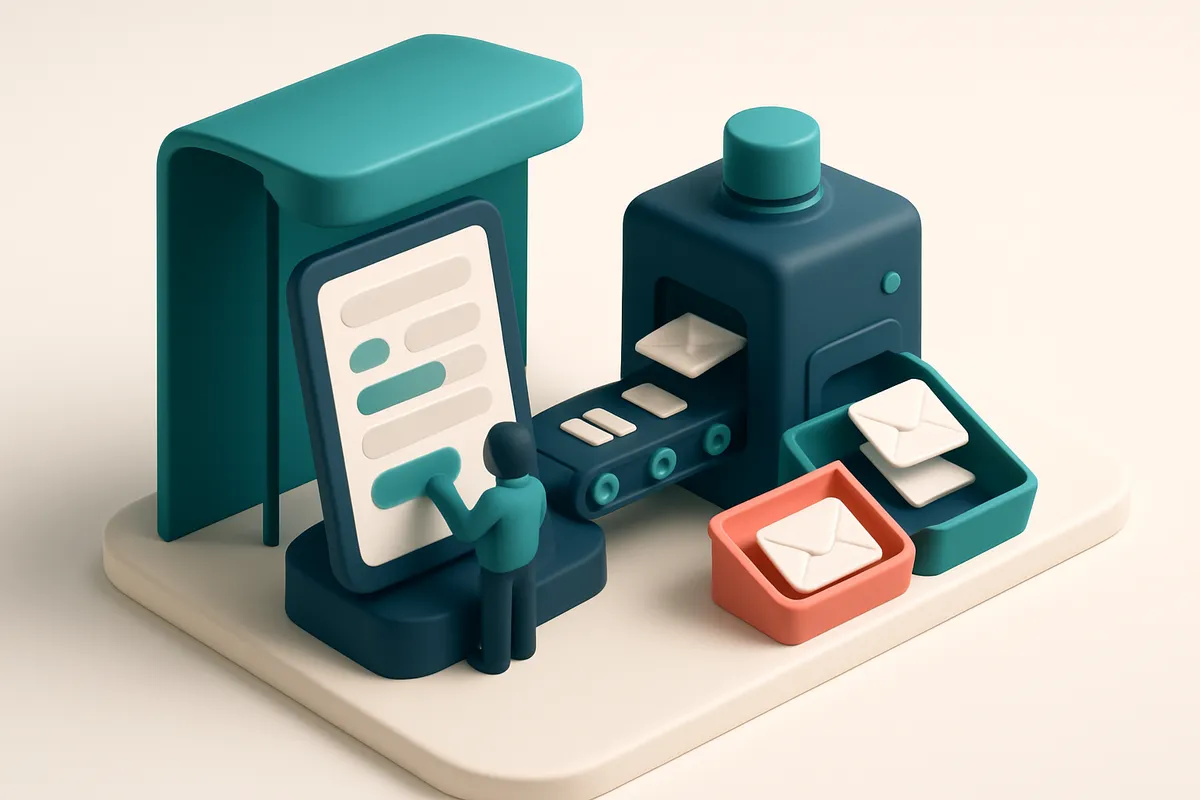 An isometric view of a trade show booth with a digital tablet showing a form being filled with multiple names and emails