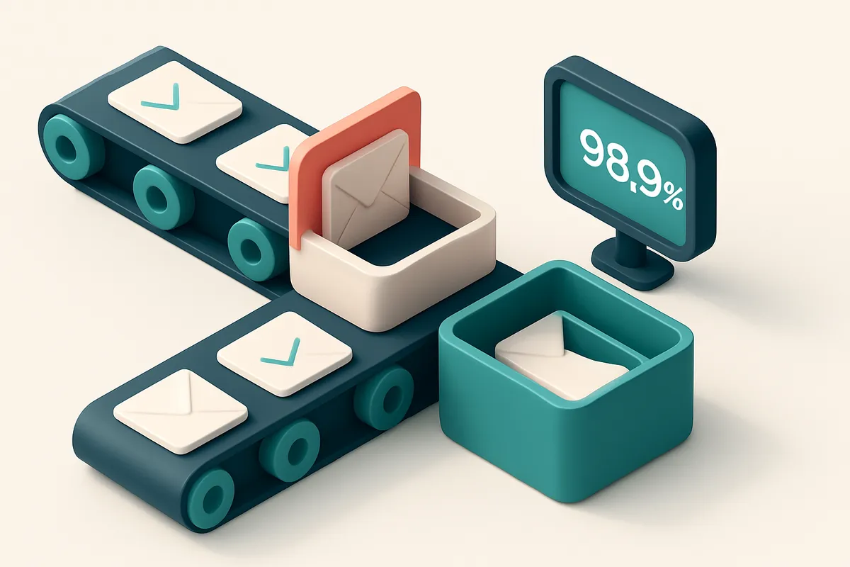 An isometric view of a conveyor belt carrying envelopes labeled 'Valid', 'Catch-All', and 'Invalid', with a red stop gat