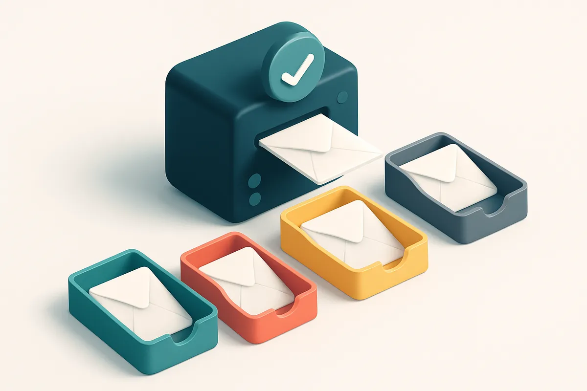 An isometric inbox with envelopes labeled 'Application' being sorted into a green 'Valid' tray, a red 'Invalid' tray, a