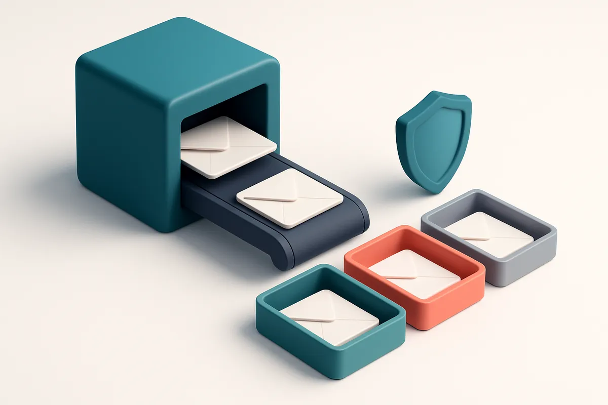 An isometric email inbox with envelopes labeled 'valid', 'invalid', 'catch-all', and 'risky' being sorted by a conveyor