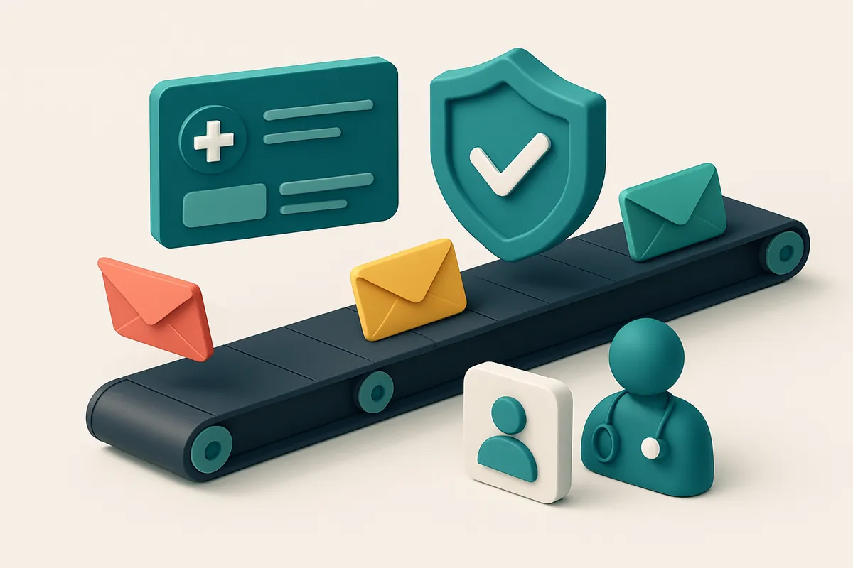 An isometric medical education dashboard with a conveyor belt passing through a verification shield, where green envelop