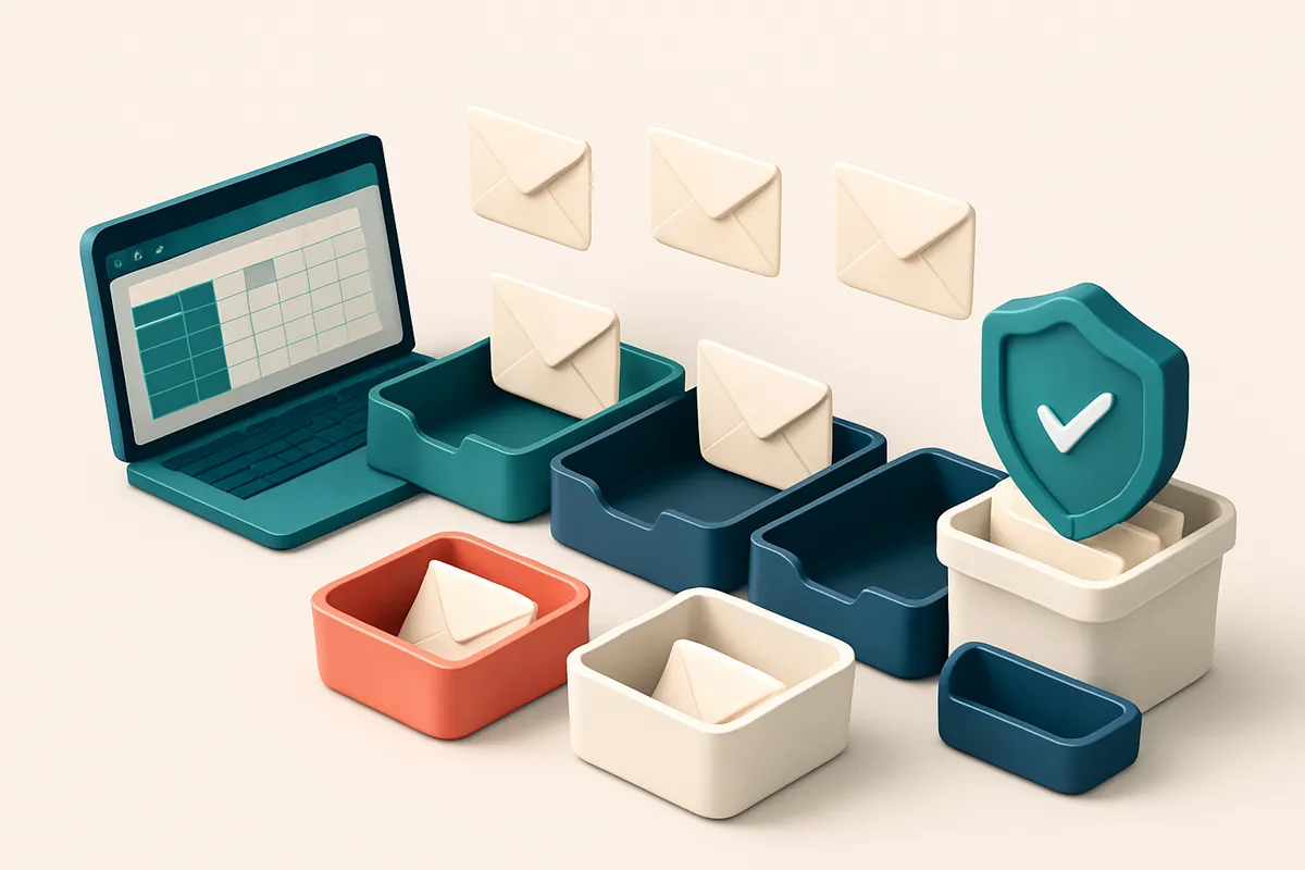 Hero: an isometric workstation with a laptop running Excel, multiple envelopes labeled 'valid', 'invalid', 'risky', and