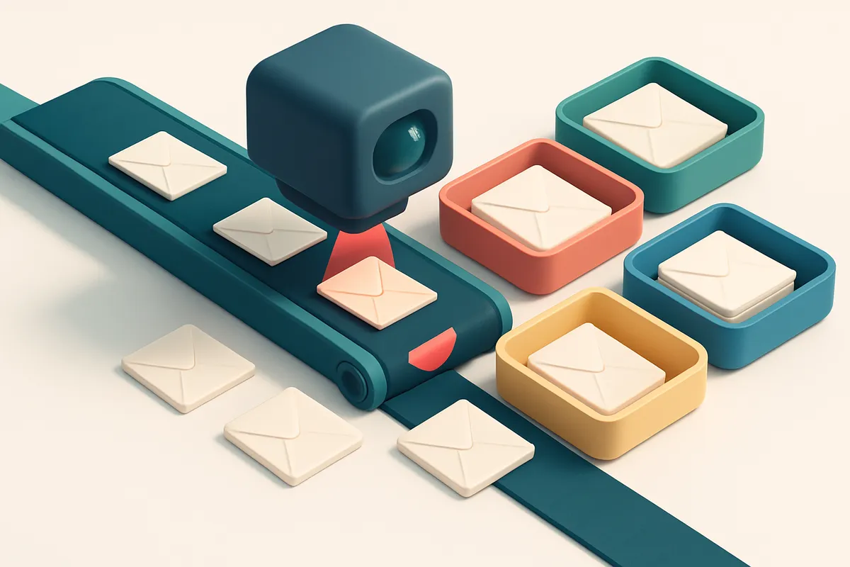 An isometric conveyor belt with envelopes labeled 'valid', 'invalid', 'risky', and 'catch-all' being sorted into separat