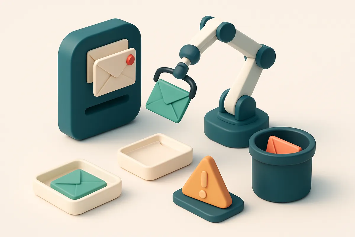 an isometric email inbox with envelopes being sorted by a robotic arm: green 'valid' envelopes go to a clean tray, red '