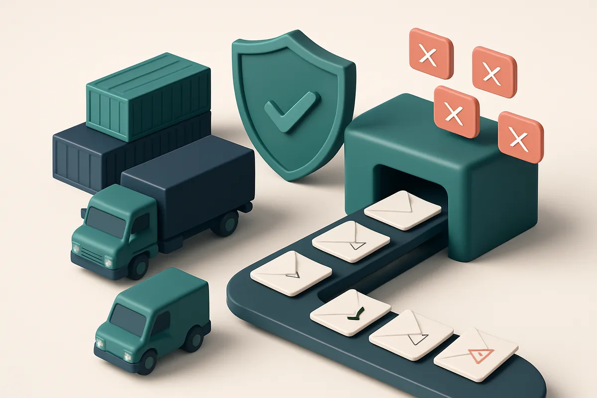 An isometric freight terminal with trucks, shipping containers, and a conveyor belt moving labeled envelopes marked 'Val