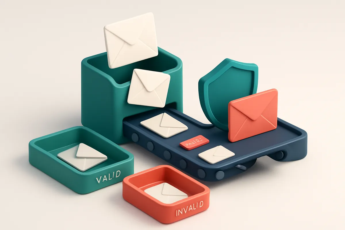 Hero: an isometric email inbox with envelopes being sorted onto a green 'valid' tray and a red 'invalid' tray, a conveyo