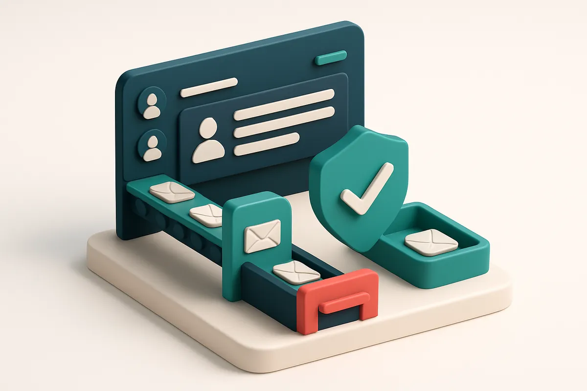 Hero: an isometric HR dashboard with a green conveyor belt feeding candidate email addresses into a shield-shaped verifi