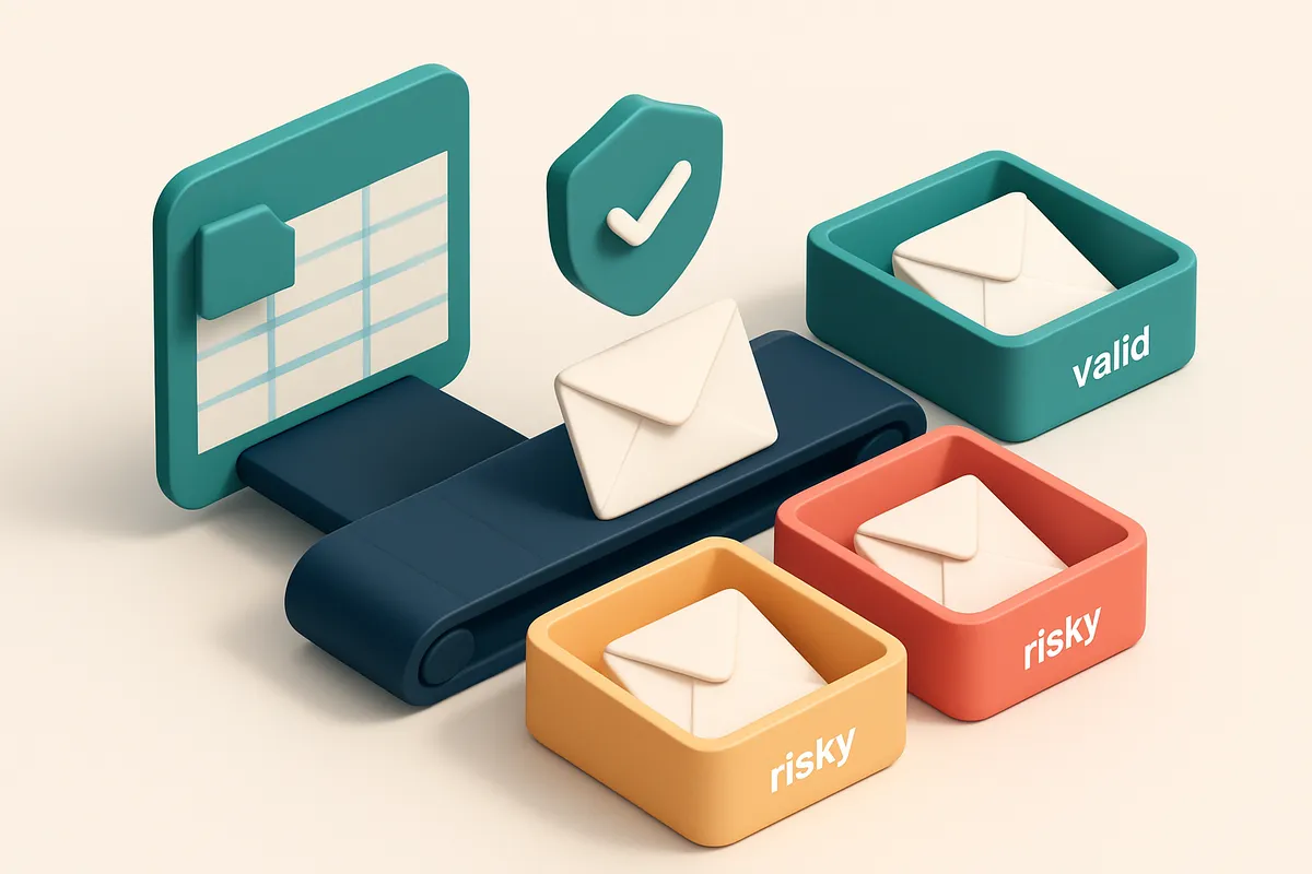 an isometric email list in Excel format, being processed by a conveyor belt that sorts individual envelopes into a green