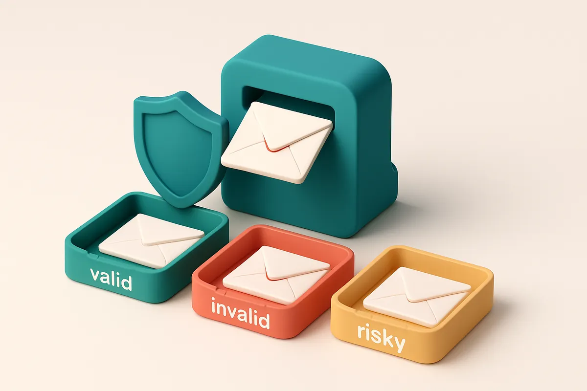 An isometric email inbox with envelopes being sorted into three trays: a green 'valid' tray, a red 'invalid' tray, and a