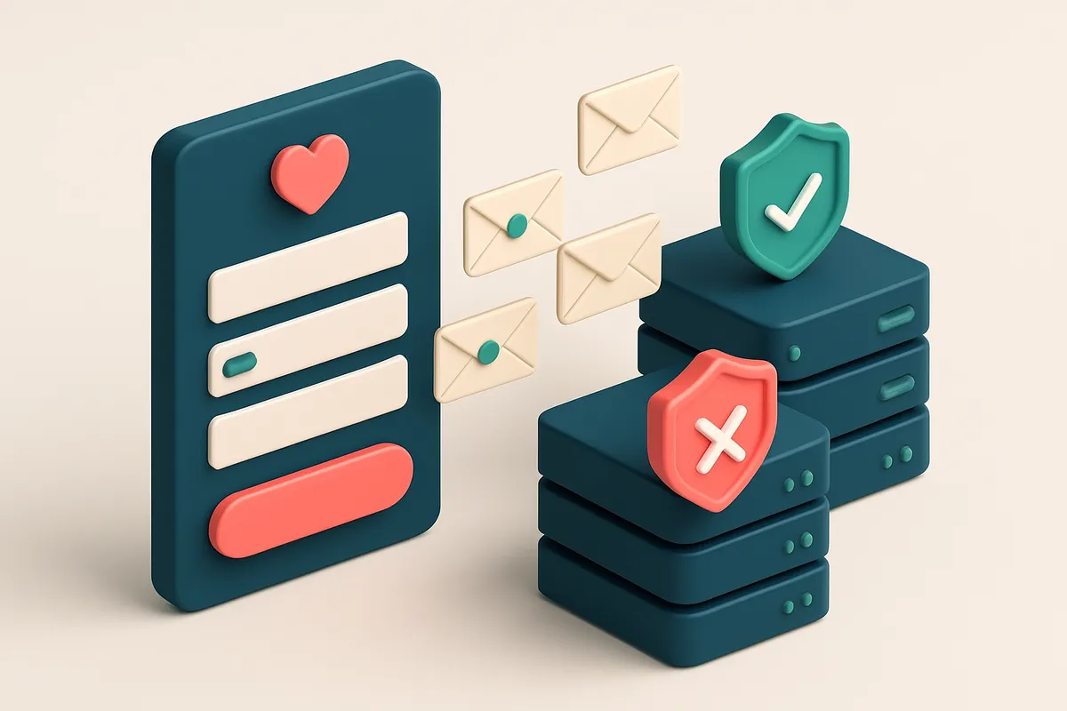 An isometric view of a digital dating app interface with a signup form, where emails flow into a network of servers, eac