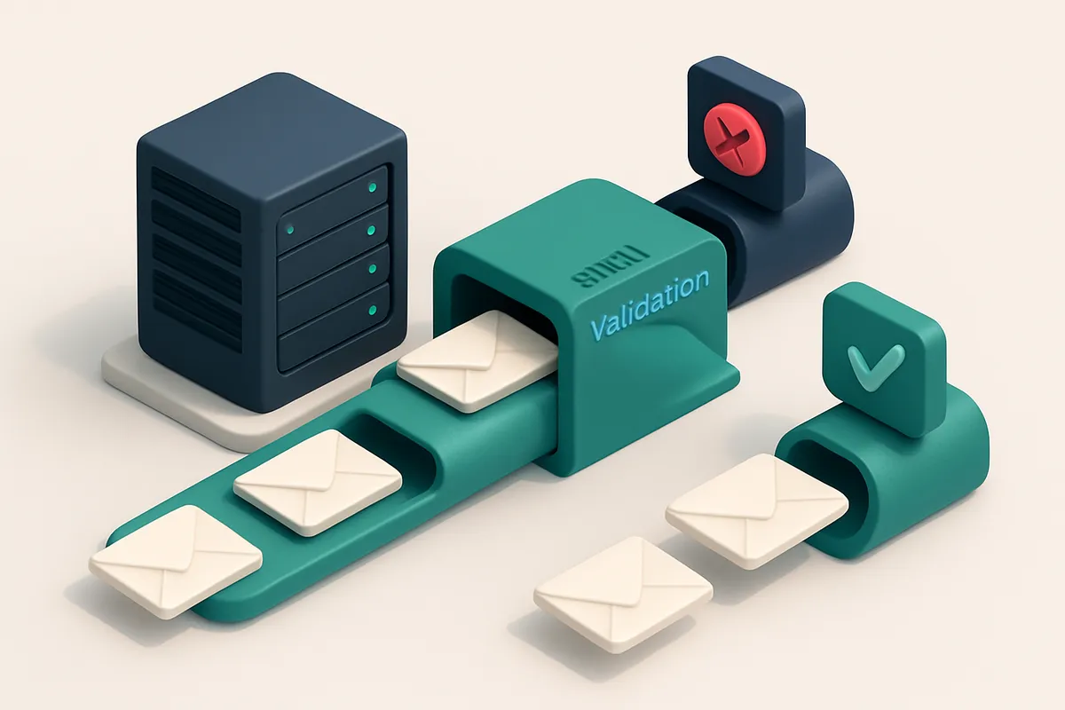 an isometric server rack with multiple email envelopes being pushed forward through a tunnel labeled 'DKIM Validation',
