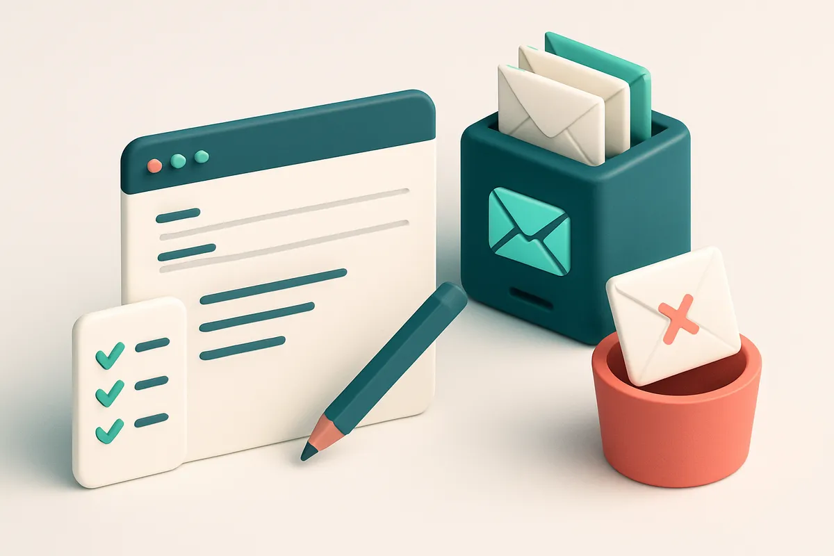 an isometric email draft interface with a pencil, a checklist, and a stack of envelopes being scanned by a server icon,