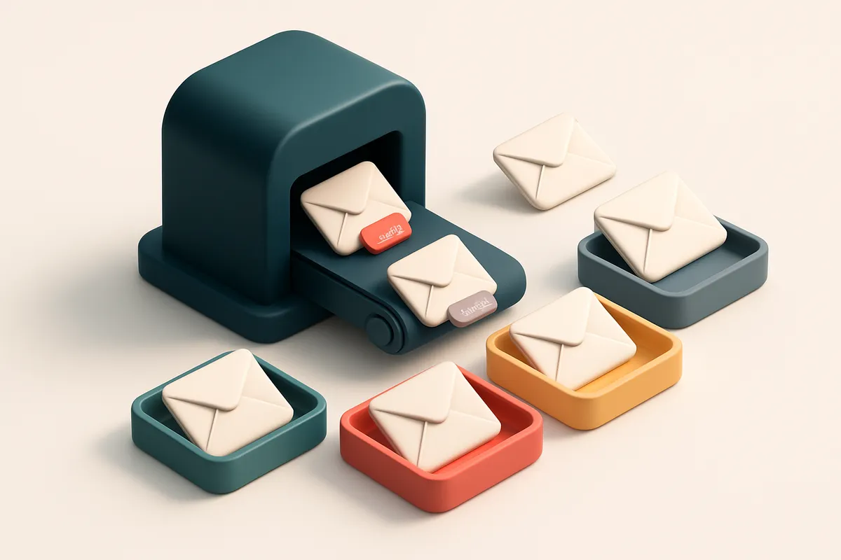 An isometric illustration of a 3D email inbox with a conveyor belt feeding in envelopes labeled 'valid', 'catch-all', 'i