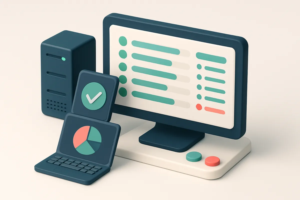 Hero: A digital dashboard illustrating a domain blacklist status check, with a server, computer screens, and green and r