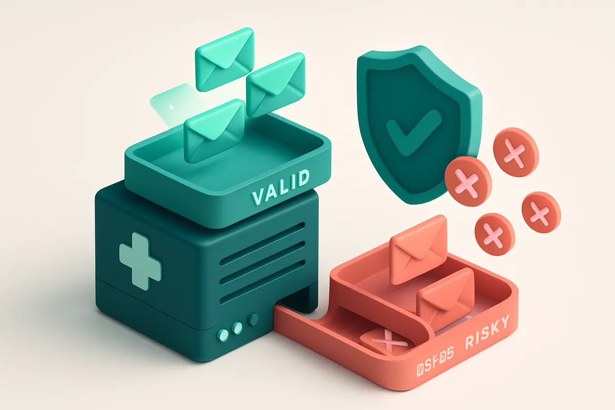 An isometric illustration of a medical association database server with glowing green 'valid' email envelopes being sort