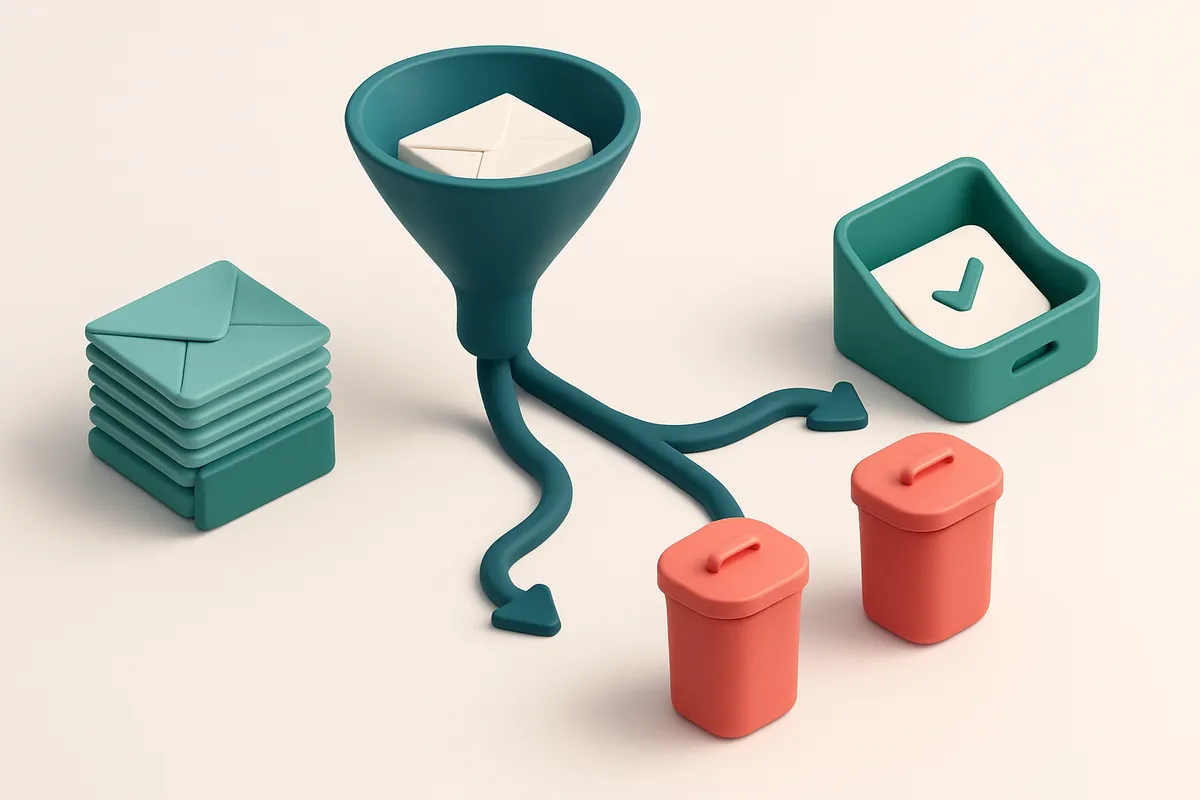 An isometric illustration of a digital delivery funnel: a stack of envelopes labeled 'B2B Campaigns' enters on the left,