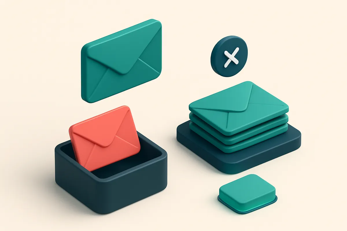 An isometric email inbox with a red envelope labeled 'invalid' falling into a black 'bounced' bin, a green 'valid' envel