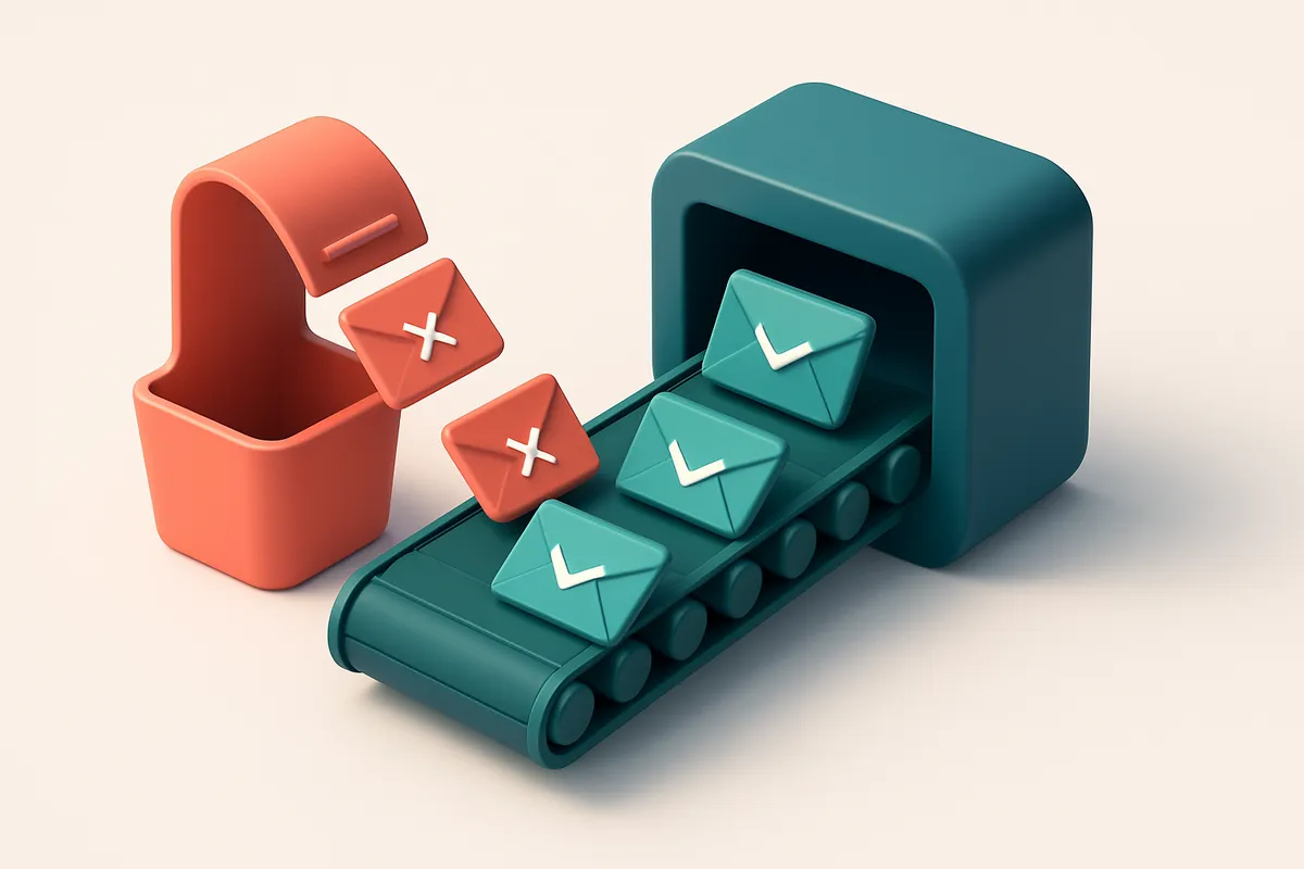 Hero: an isometric illustration of a green conveyor belt carrying digital envelopes labeled 'valid', 'engaged', and 'ver