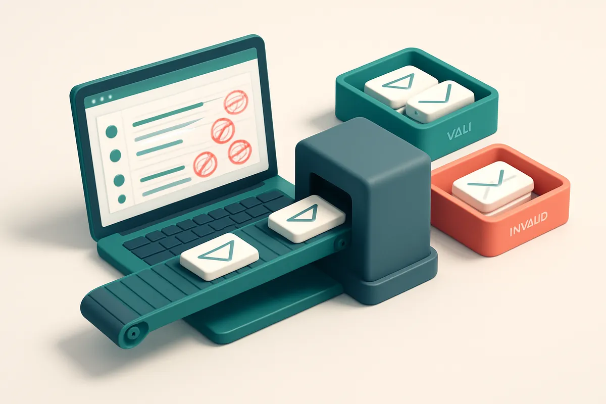 An isometric desk scene showing a laptop open to an Excel file with a red 'Invalid' stamp on several email addresses, a