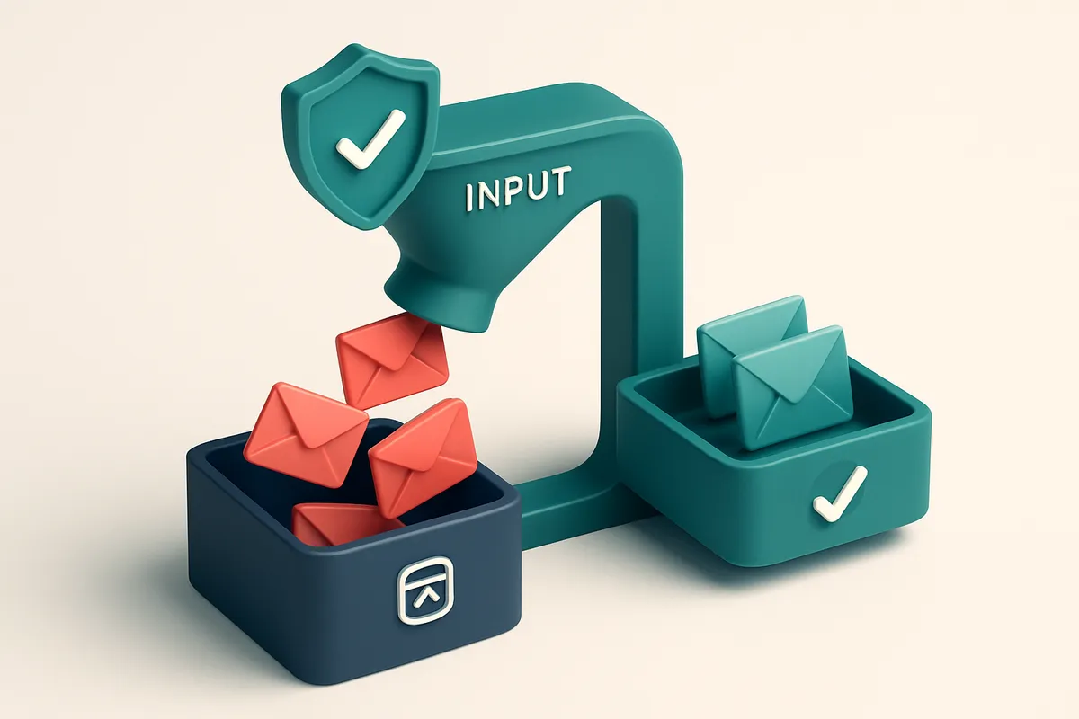 An isometric mailbox with a funnel labeled 'Input' pouring red 'spam' envelopes into a bin labeled 'Blocked', while gree