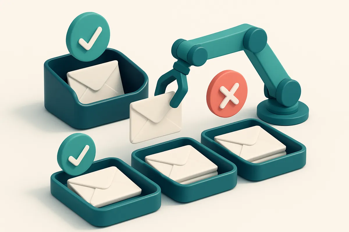 An isometric email inbox with envelopes labeled 'Valid', 'Invalid', 'Catch-all', and 'Risky' being sorted onto separate
