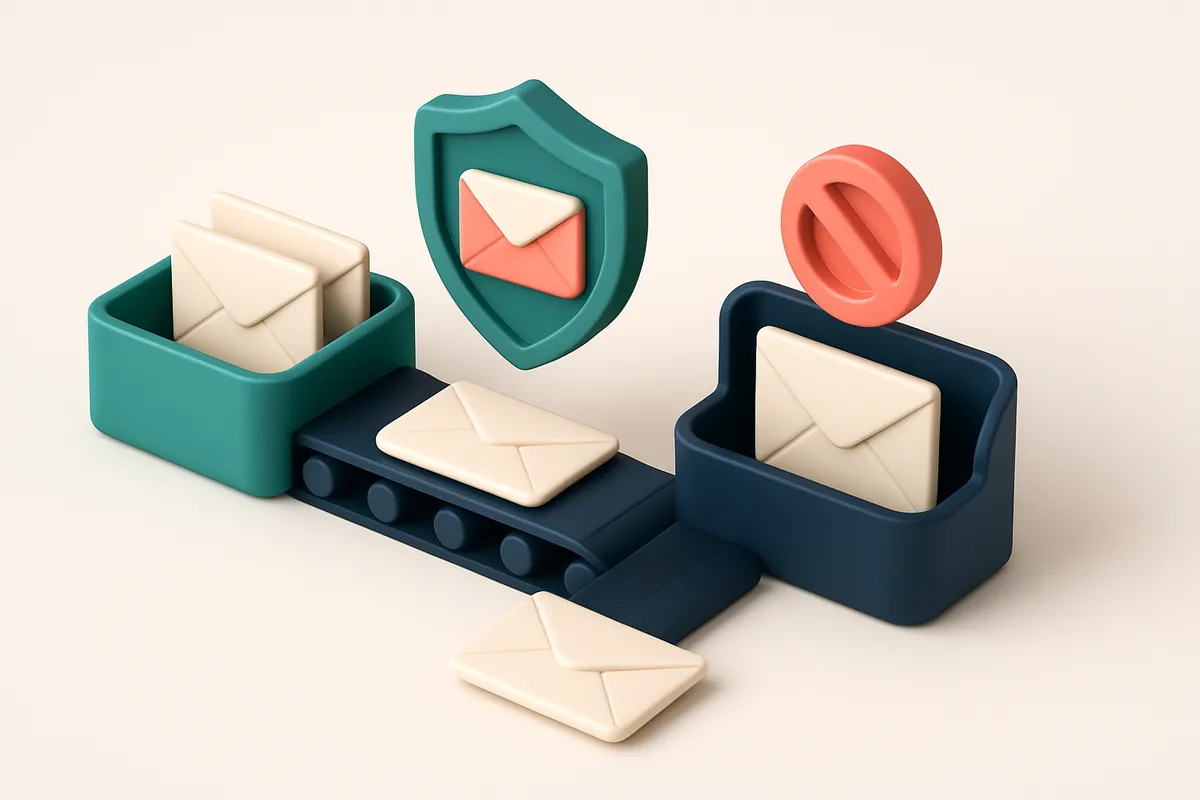 An isometric email inbox with envelopes being scanned by a shield labeled 'CAN-SPAM', a conveyor belt sorting envelopes
