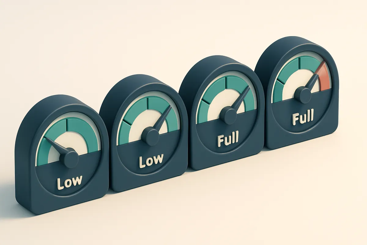 A row of four gauges, each labeled numerically (1 to 4), showing levels from low to full