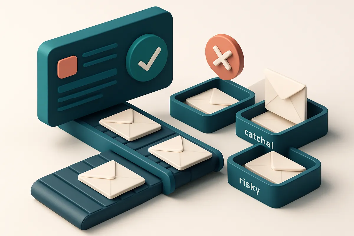 Hero: an isometric event registration dashboard with a conveyor belt moving labeled envelopes (valid, invalid, catch-all