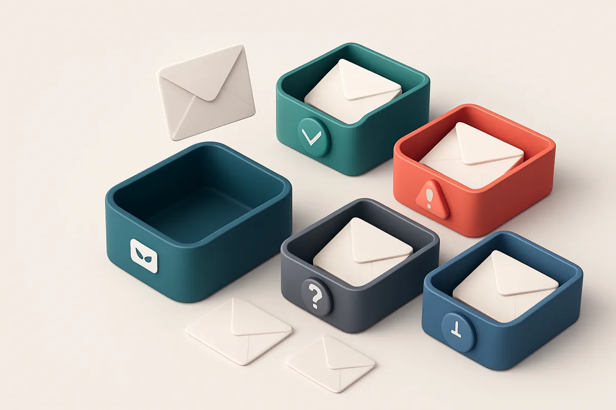 An isometric email inbox with envelopes being sorted onto a green 'valid' tray and a red 'invalid' tray, a red 'risky' t