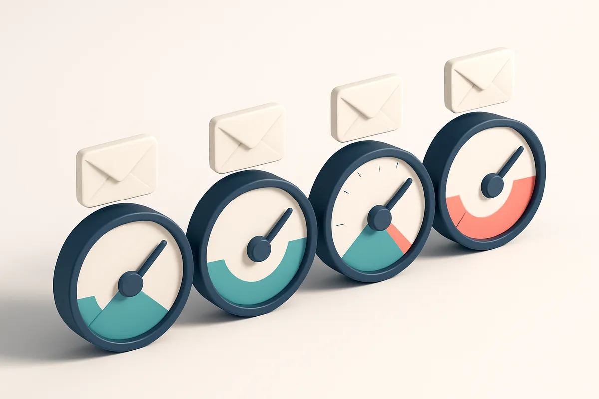 a row of four gauges with varying levels filled, representing email validation success rates