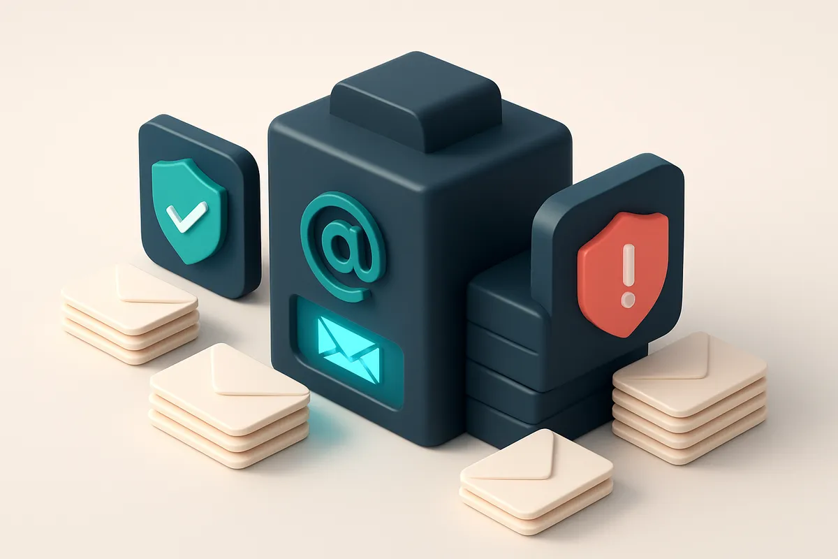 Hero: an isometric illustration of an email server with shields displaying a checkmark and a red 'alert' icon on differe