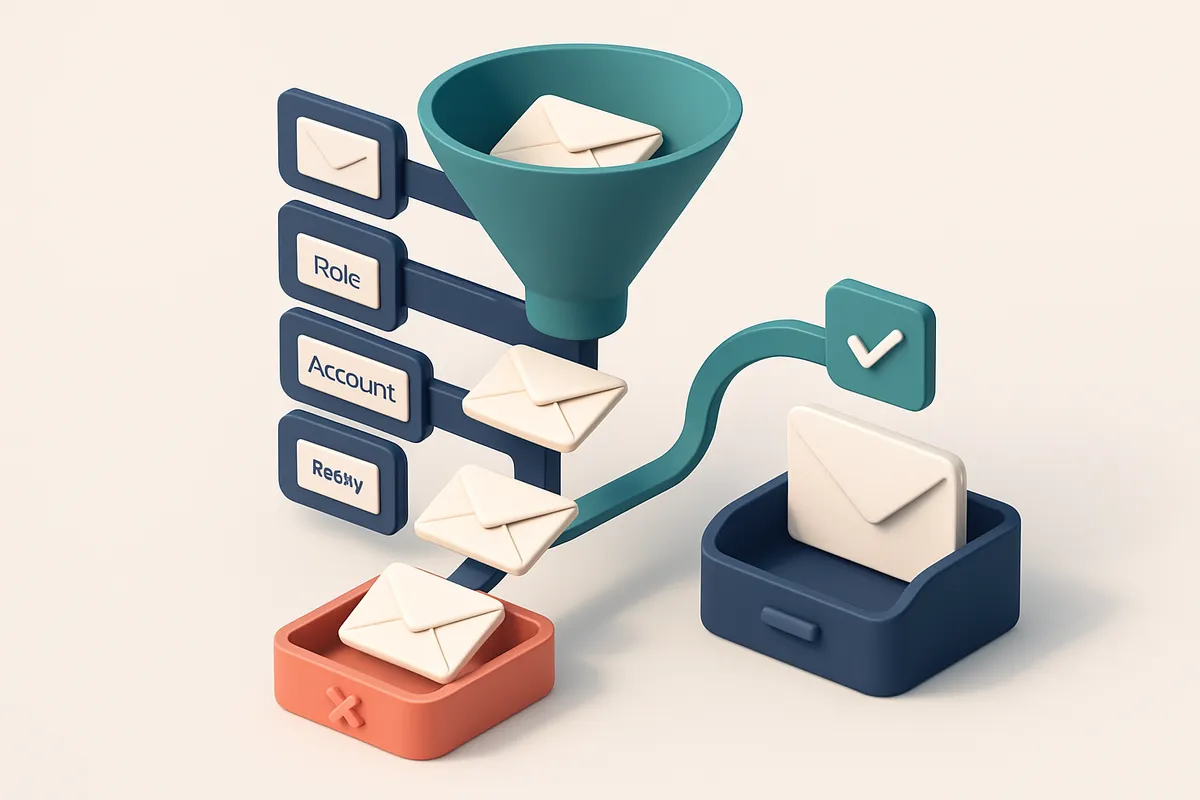 An isometric dashboard showing a funnel of envelopes with labels 'Invalid', 'Catch-all', 'Role Account', and 'Risky' lea