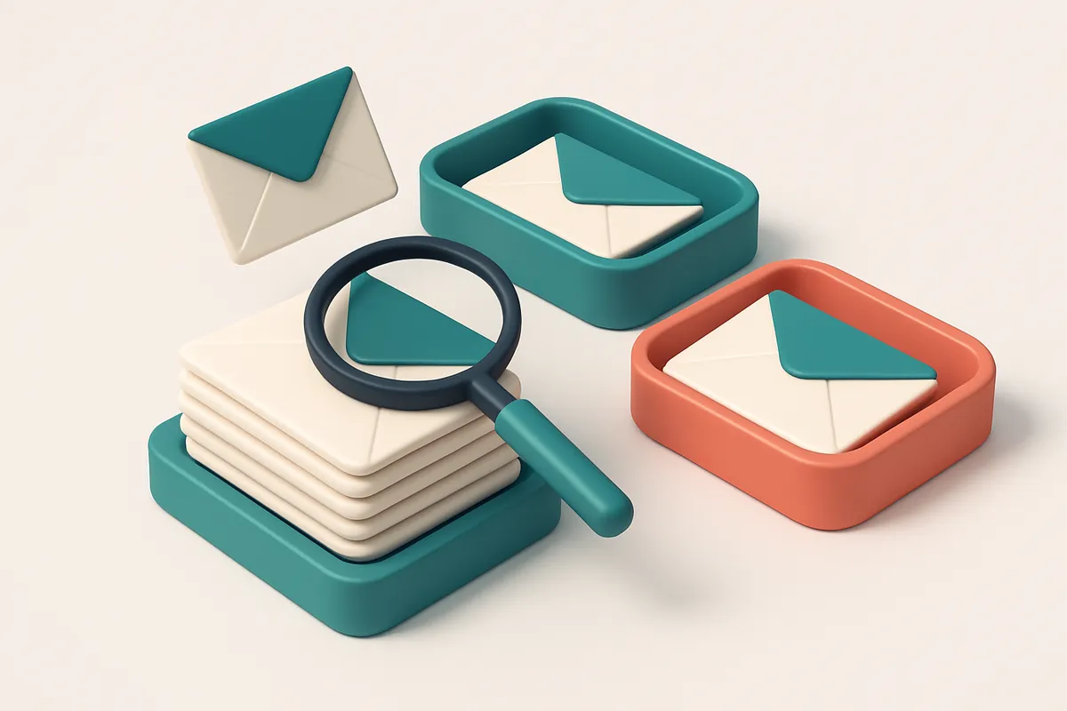 an isometric email inbox with envelopes being sorted onto a green 'valid' tray and a red 'invalid' tray, a magnifying gl