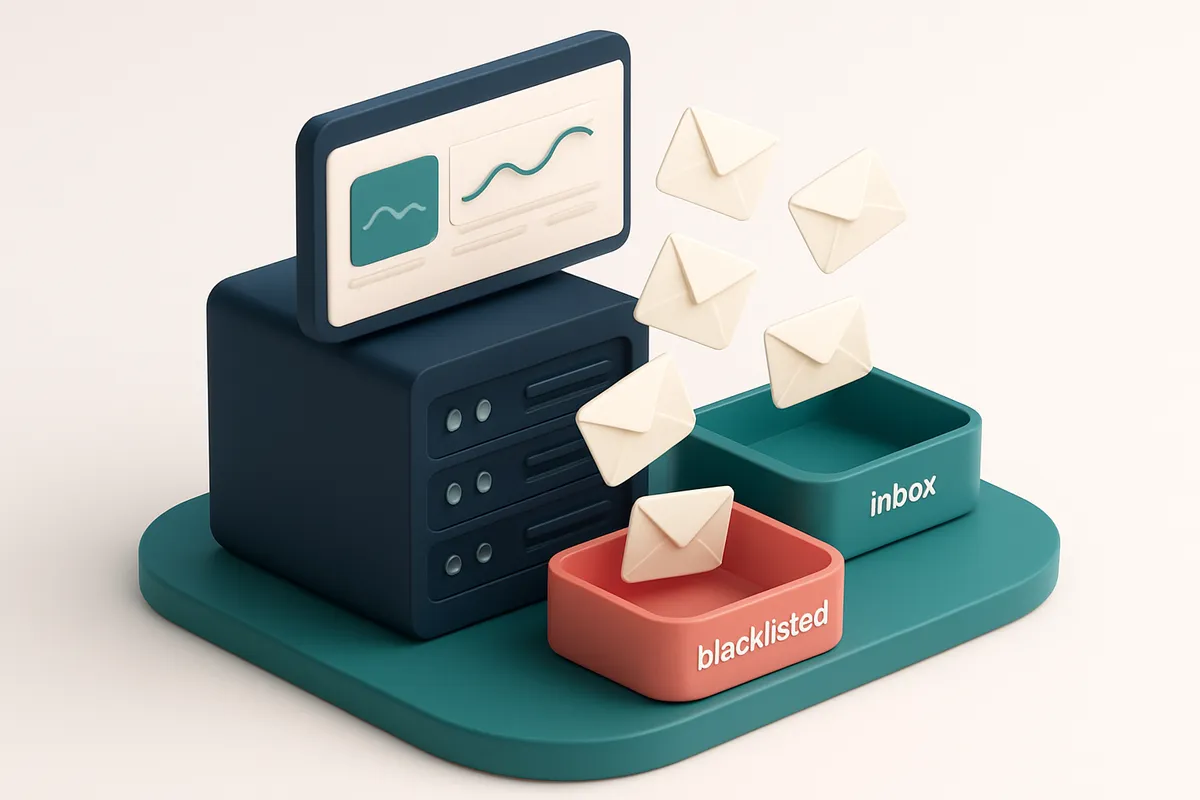 Hero: An isometric dashboard view with a large server rack displaying emails flowing into green 'inbox' and red 'blackli