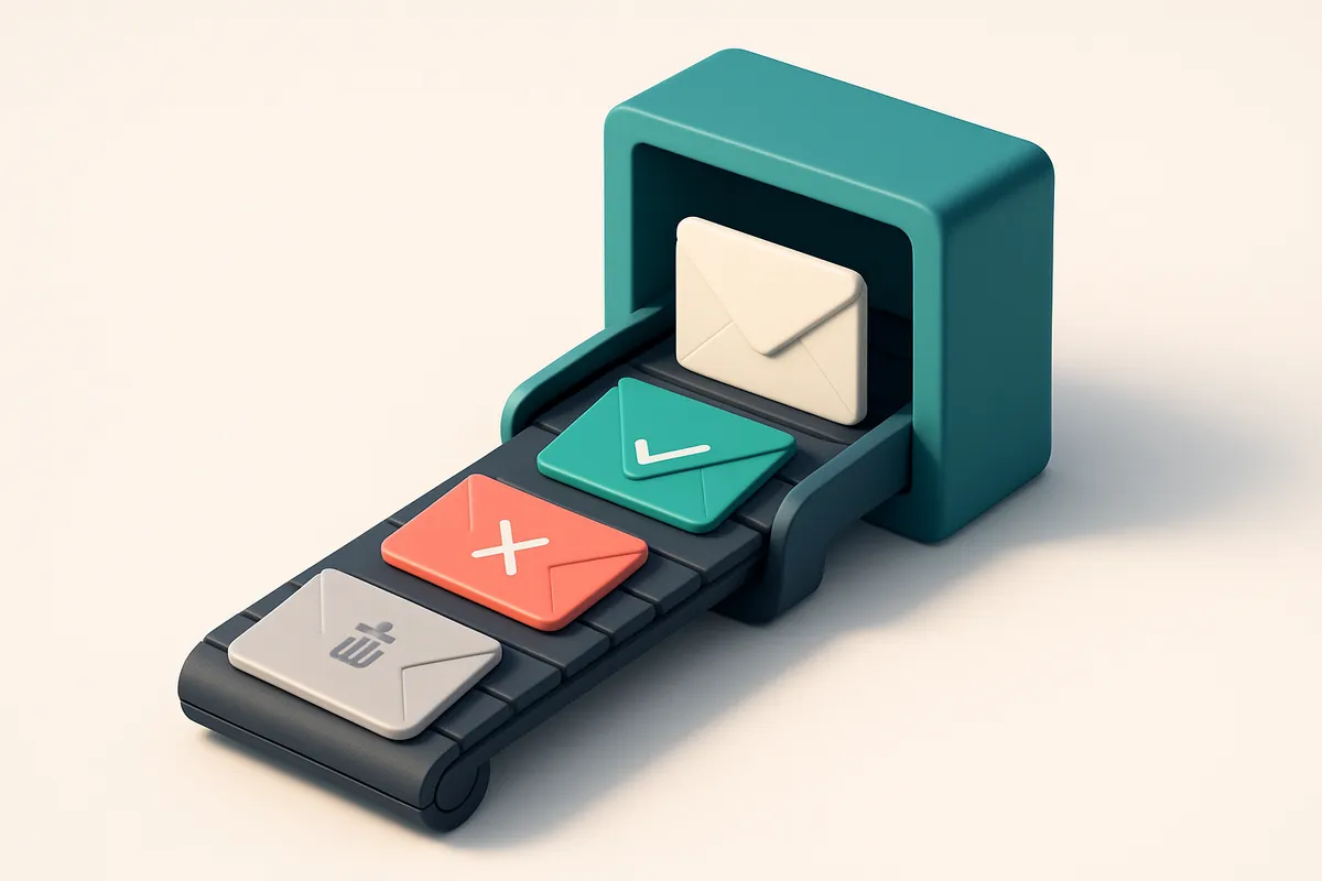 An isometric view of a digital inbox with a conveyor belt passing envelopes—green 'valid' envelopes, red 'invalid' ones,