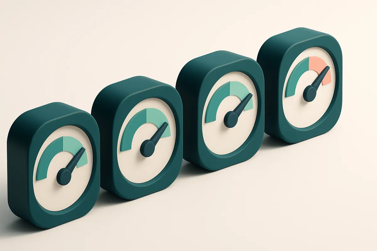 a row of four gauges, each labeled with a different metric: bounce rate, open rate, deliverability, sender reputation