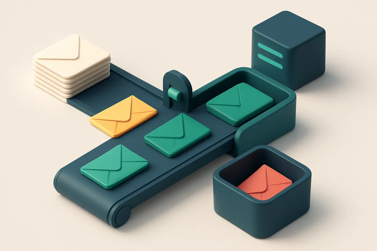 An isometric email inbox with a stack of physical envelopes being sorted by a conveyor belt: green 'valid' envelopes go
