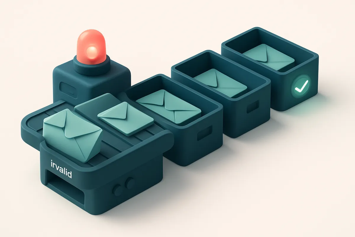 An isometric illustration of a game studio inbox with a conveyor belt moving envelopes labeled 'Invalid', 'Catch-all', '