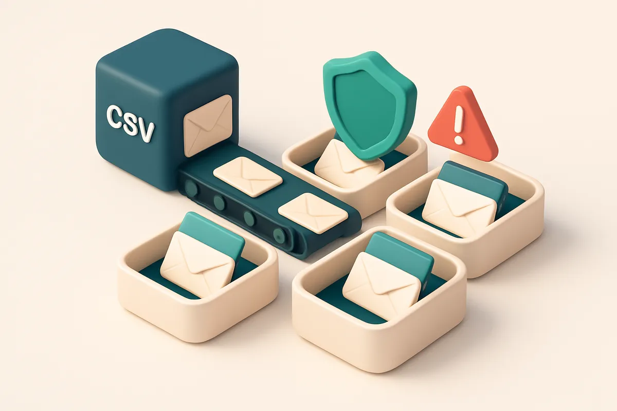 Hero: a 3D isometric illustration of a digital inbox with multiple envelopes labeled 'valid', 'invalid', 'catch-all', an