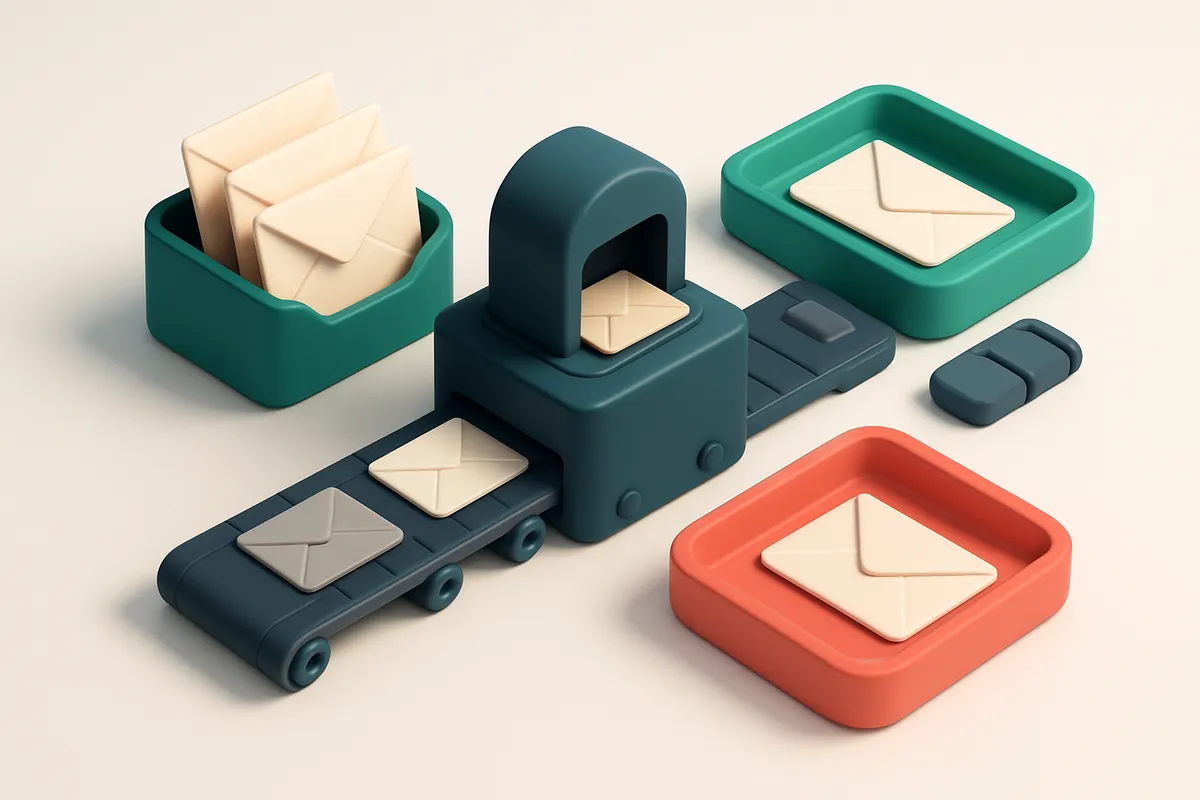 An isometric email inbox with envelopes being sorted onto a green 'valid' tray and a red 'invalid' tray, a conveyor belt