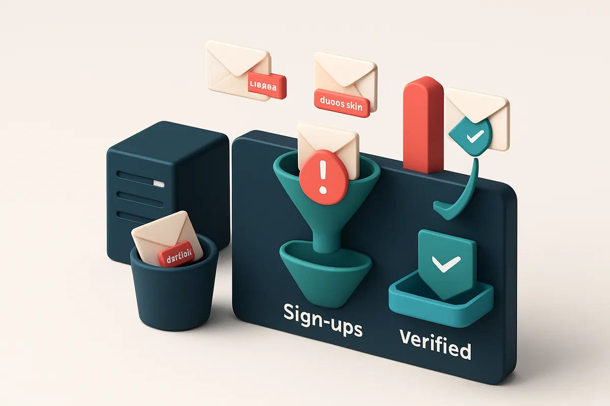 An isometric dashboard with a red 'danger' indicator over a funnel labeled 'Sign-ups'. Emails flow in from a server, one
