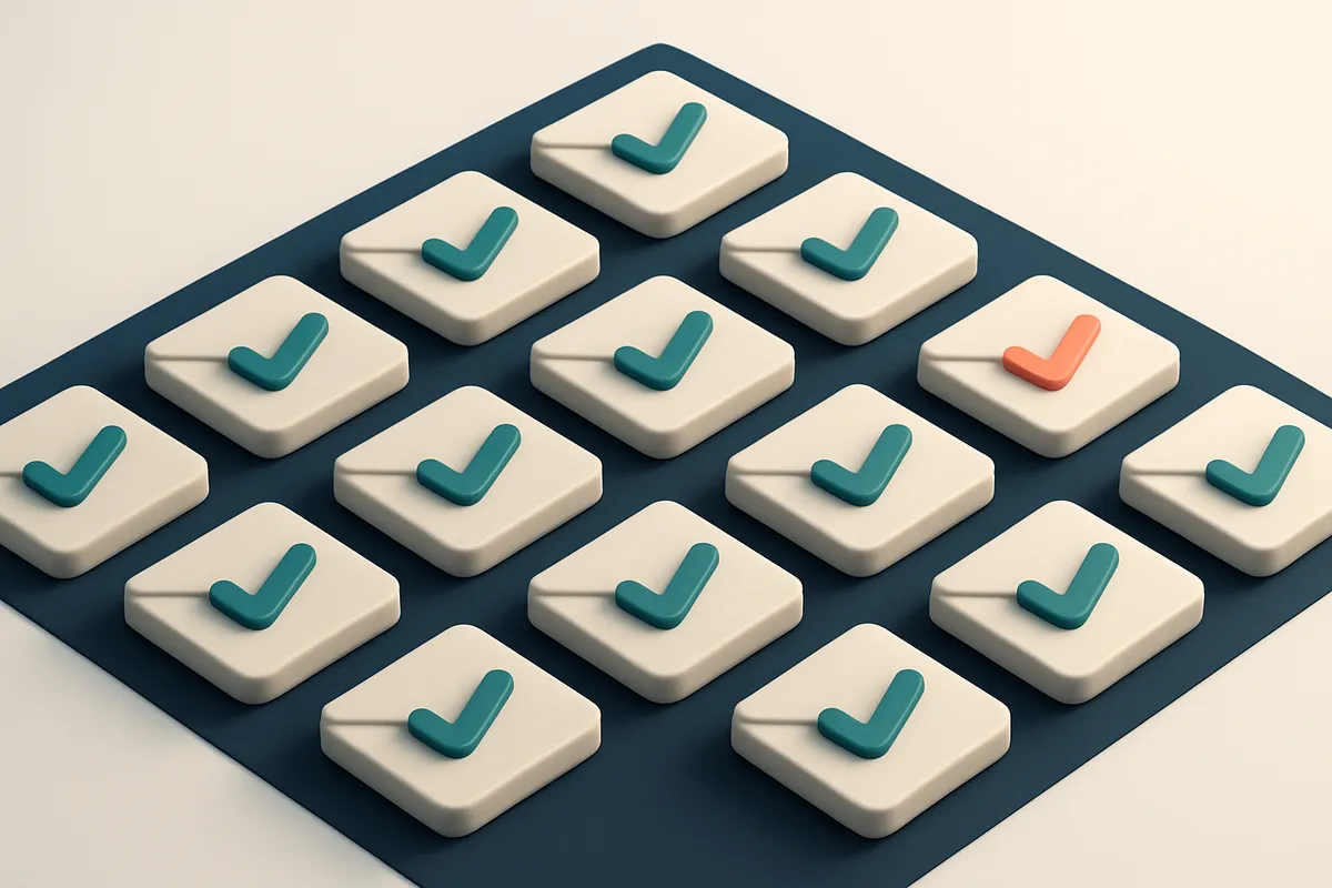 a grid of envelope icons arranged in a tight diamond pattern, each with a small checkmark inside